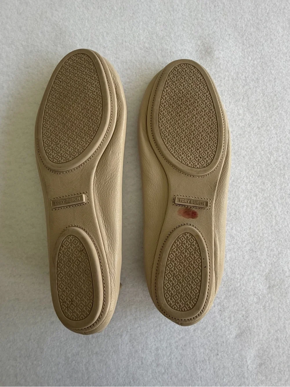 Tory Burch Minnie Travel Ballet Flats Beige Leather Crystal Pave Logo